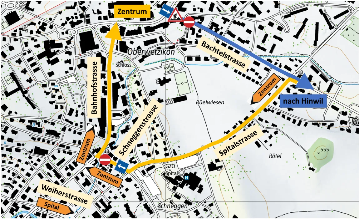 Man sieht eine Karte mit der Umleitung während der Zeit der Bauarbeiten an der Bachtelstrasse in Wetzikon.
